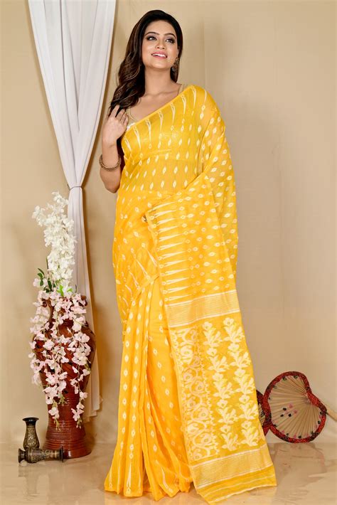 Yellow Blended Cotton Rapial Jamdani Saree (1686) | PuJoy Fashion