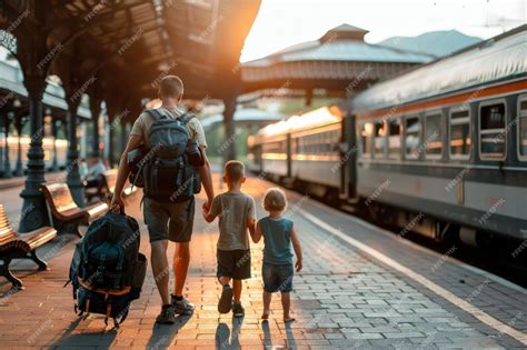 Premium Photo | Family travel trip on platform of railway train station family summer vacation