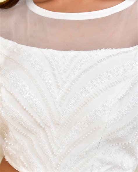 Heavy Work White Pearl Sequined Padded Blouse