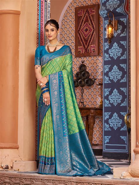 Pista Elegant Banarasi Tissue Silk Saree with Zari Woven Des