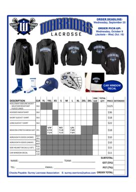 Fillable Online 2013 Fall - Surrey Warriors - Apparel Order Form Fax ...