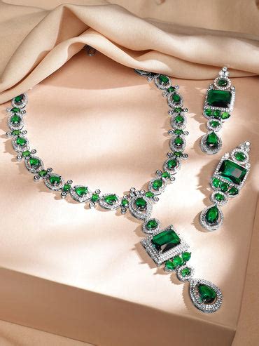 American Diamond Zirconia Studded Emerald Necklace Set – Rubans