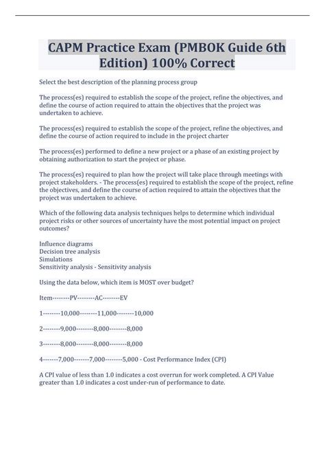 CAPM Practice Exam (PMBOK Guide 6th Edition) 100% Correct - CAPM ...