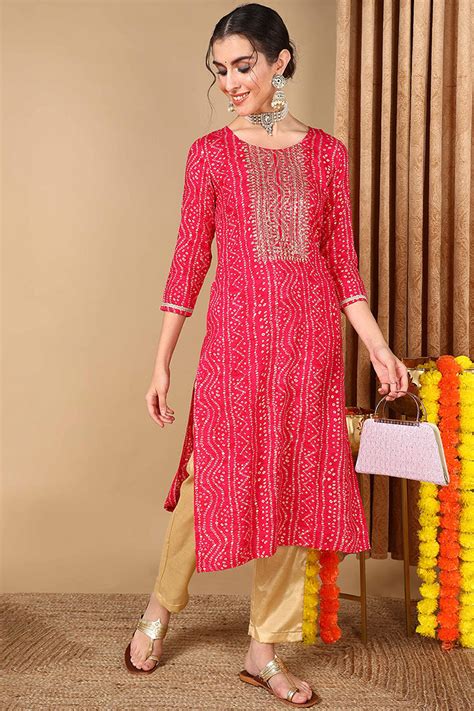 Pink Viscose Rayon Bandhani Embroidered Straight Kurta VCK9622 – Ahika