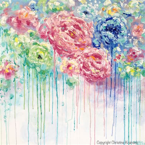ORIGINAL Art Abstract Flower Painting LARGE Canvas Blue Colorful Rose ...