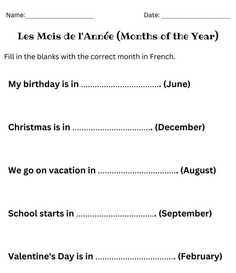 Months of the year in french exercises - Months of the year French ...