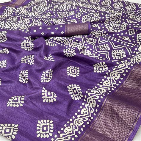 Purple Batik Printed Dola Silk Saree With Woven Border