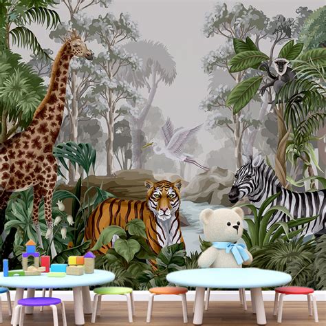 Night Jungle Landscape with Wild Animals Kid's Room Wallpaper – Paper ...
