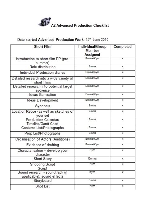 Image result for Production Checklist for Films