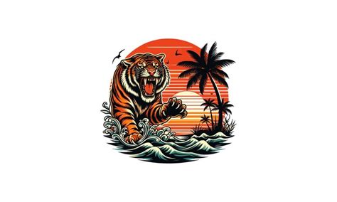 Tiger angry and palm on sea sunset vector artwork design | Premium AI ...