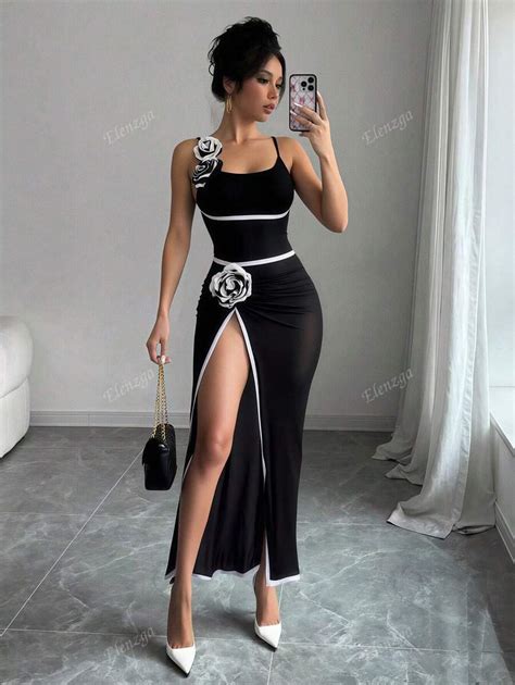 Elenzga Women's 3D Floral Print Two Pieces Set Black & White Color ...