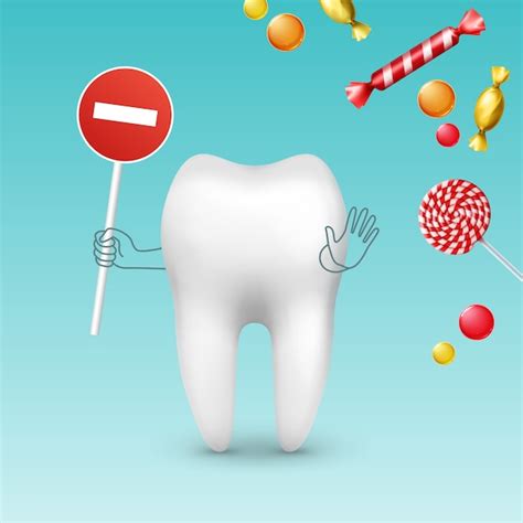 Vector tooth character with stop sign against diffrent sweets, bonbons ...