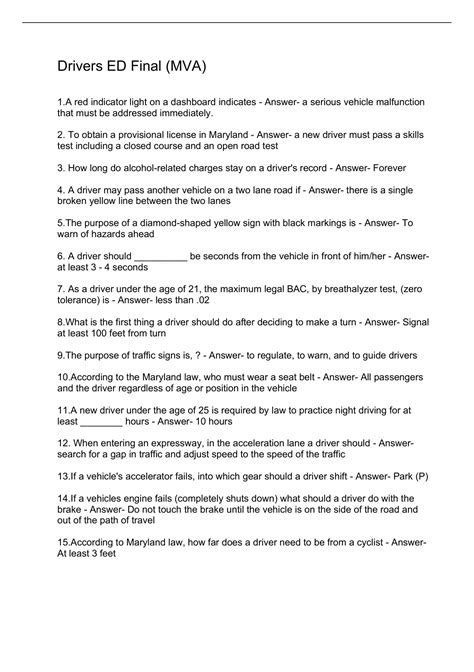 Drivers ED Final (MVA)/MVA driving school final/MVA drivers ed unit 1-9 ...