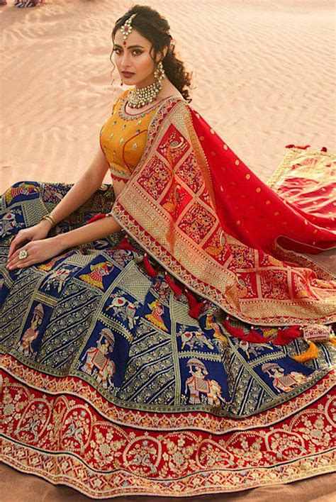 Indigo Blue Embroidered Banarasi Silk Lehenga Choli . – MOR ETHNICS