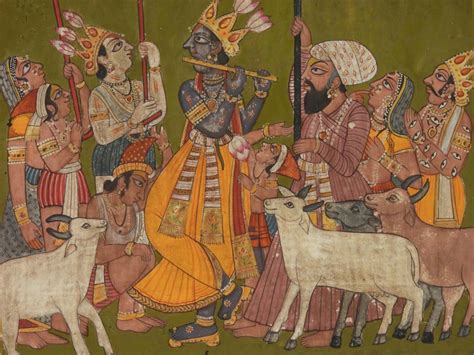 Krishna lifting Mount Govardhan North India. Pahari painting. | #4664169576