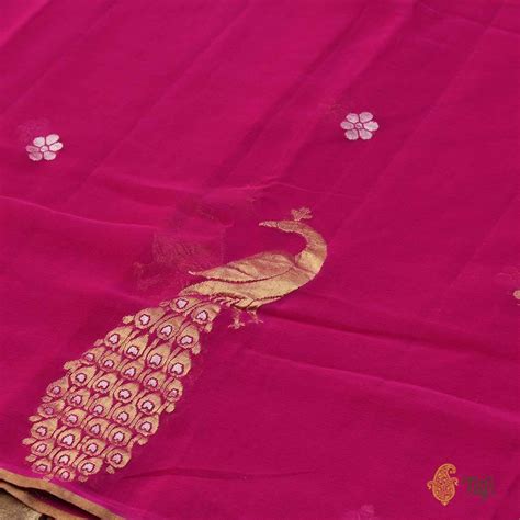 Magenta Pink Pure Chiffon Georgette Banarasi Handloom Saree - Tilfi