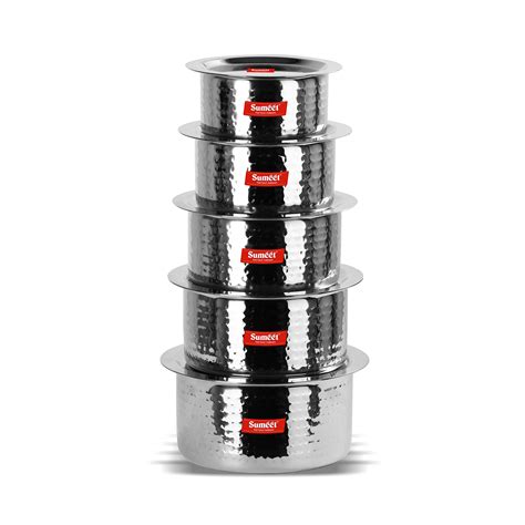 Sumeetstainless Steel Handcrafted Hammered Texture 5 Pc Induction And ...