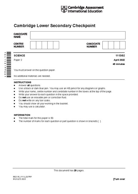 April 2022 CAIE Lower Secondary Checkpoint SCIENCE P2 Questions 1113 ...