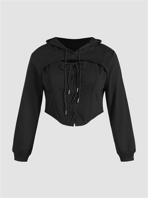 Curve & Plus Solid Lace Up Crop Hoodie For Daily Casual Music Festival ...