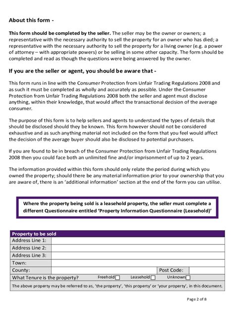 Property Information Questionnaire (Freehold) - Blank Fillable Template ...