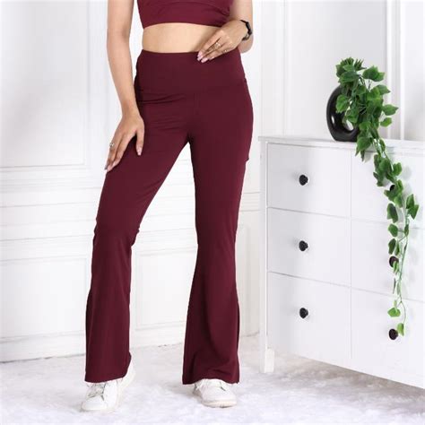 Wine sports flare pants with slit for women, ankle length gym pants.