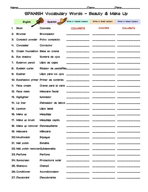 Spanish Beauty & Make Up Vocabulary Word List Column Worksheet | Made ...