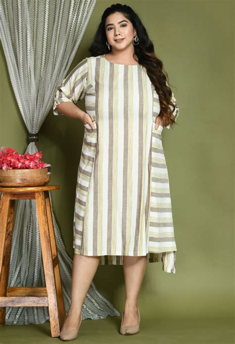 Plus Size Striped Beige Midi Dress – DESINOOR.COM