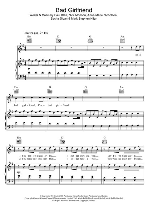 Bad Girlfriend by Anne-Marie Sheet Music for Piano, Vocal & Guitar ...