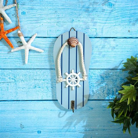 Nautical Flip-Flop Key Holder | Beach Theme Wall Decor with Rope & Shi ...
