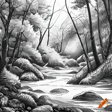 Monochrome pencil drawing of a river in a forest on Craiyon