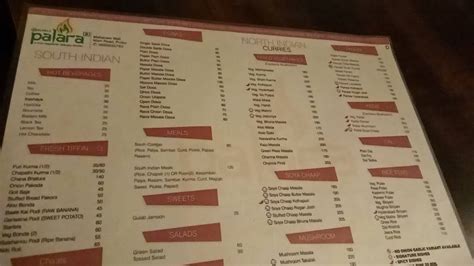 Menu at Padivals' Palara, Puttur