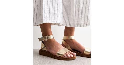 Gold Faux Leather Open Toe Sandals | New Look