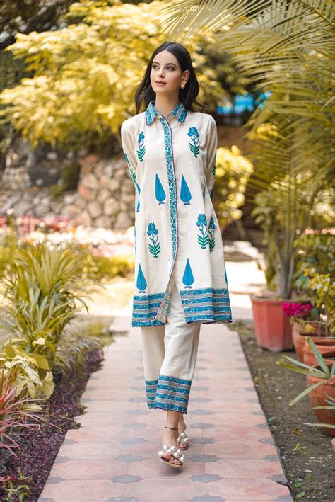 Chinar Beige Kalidar Block Printed Collar Neck Handloom Cotton Suit ...