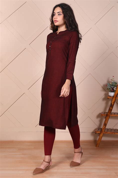 Buy Maroon Solid Button Straight Cotton Kurta Online for Woman | Shop ...