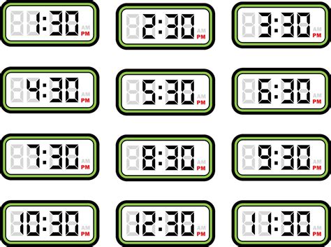 Digital Clock Time Flat Vector Set with 12 Hours Format, Digital Number ...