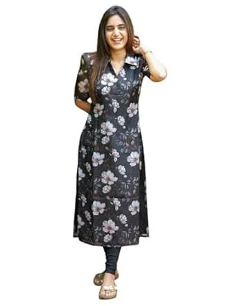 Buy Vivbut creation Women's Organza Floral Print Kurti | Black & White ...