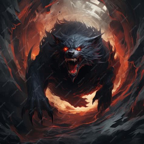 Premium Photo | A black wolf with red eyes and a red glowing eye