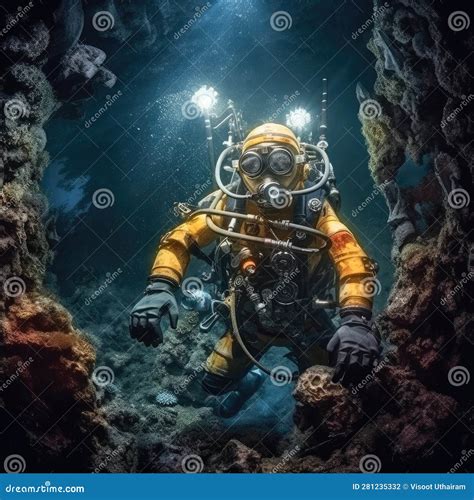 Scuba Deep Sea Diver Swimming in a Deep Ocean Cavern, Underwater ...