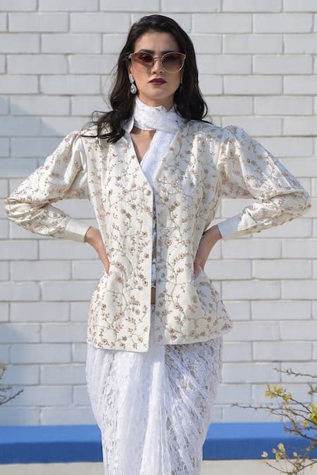 Buy White Silk Dupion Embroidered Jacket For Women by Talking Threads ...