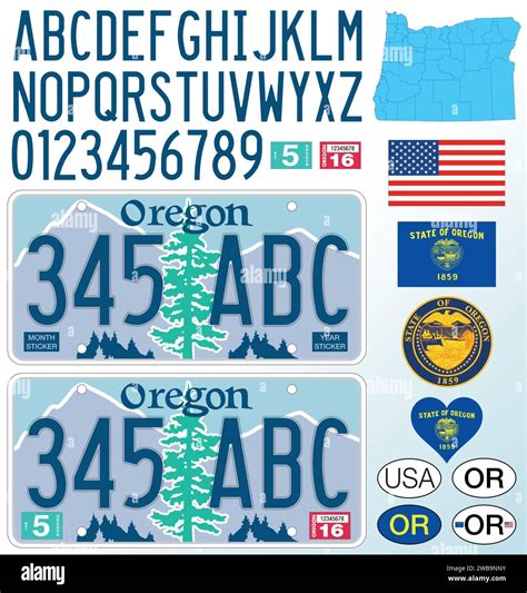 Oregon state car license plate pattern, letters, numbers and symbols ...