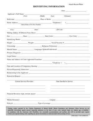 Fillable Online dbhds virginia Attach Recent Photo IDENTIFYING ...