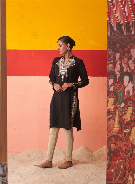 Black Embroidered Woollen Kurti for Women with Mirror Work – Lakshita