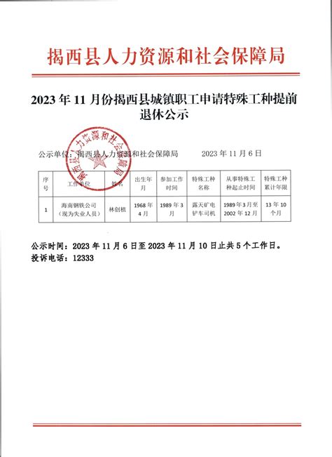 2023年11月份揭西县城镇职工申请特殊工种提前退休公示
