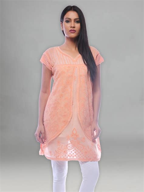 Seva Chikan Hand Embroidered Orange Cotton Lucknowi Chikan Kurti-SCL03