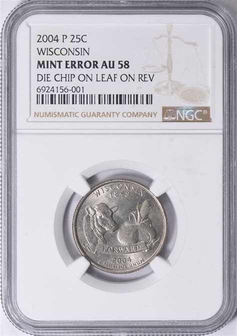 Mint Error 2004-P State Quarter Wisconsin Die Chip on Leaf on Reverse ...