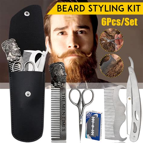 6Pcs/Set Beard Grooming & Trimming Kit Razor Comb Scissors Mustache ...
