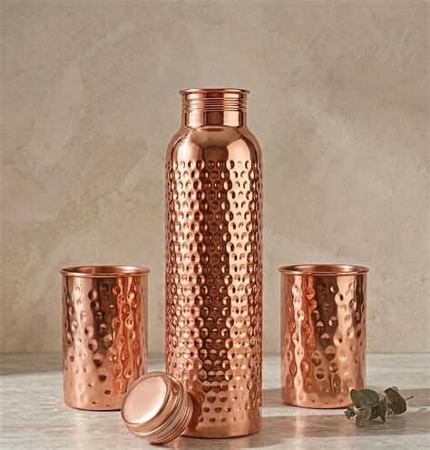 Pure Hammered Copper Water Bottle with 2 Tumbler Glasses Set | Ayurved ...