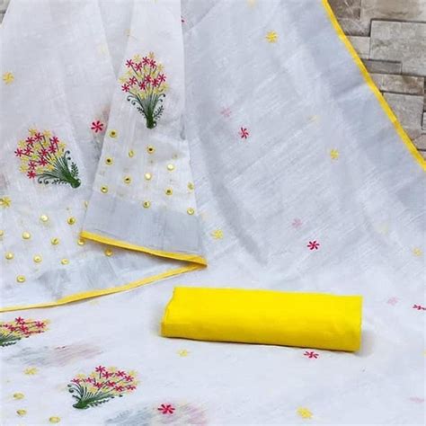 White - Yellow Casual Wear Floral Embroidered Linen Saree