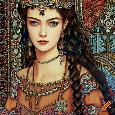 Illustration of a beautiful princess with blue eyes and long black hair on Craiyon