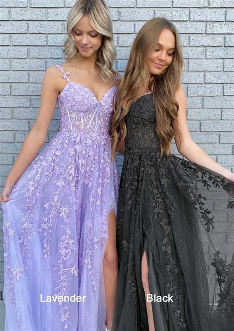 A-line V Neck Spaghetti Straps Long/Floor-Length Lace Prom Dress With ...